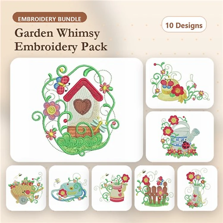 Garden-themed Embroidery Bundle – Birdhouse, Watering Can, Flower Pot & More (10 Designs)
