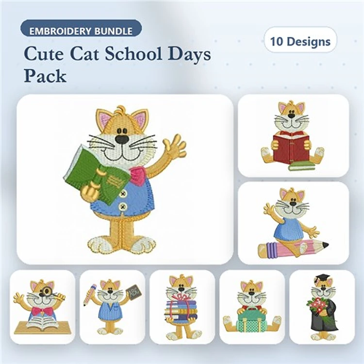 Cute Cat School Embroidery Designs Bundle – Cat Reading Book, Cat with Pencil, Cat Studying & More (10 Designs)