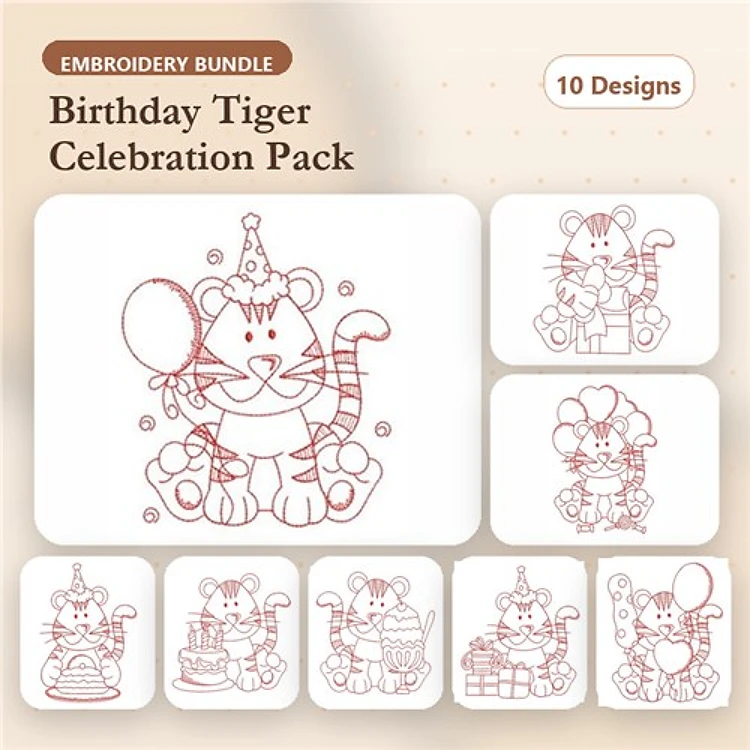 Redwork Birthday Tiger Embroidery Bundle – Balloon, Party Hat, Cake & More (10 Designs)