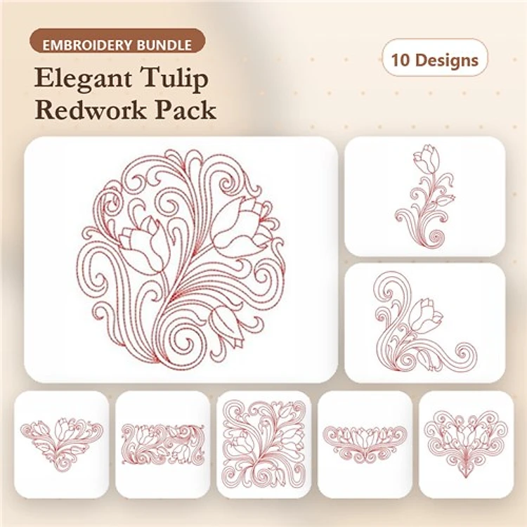 Redwork Elegant Tulip Embroidery Designs Bundle – Tulip Frame, Tulip Bouquet, Ornamental Tulip & More (10 Designs)