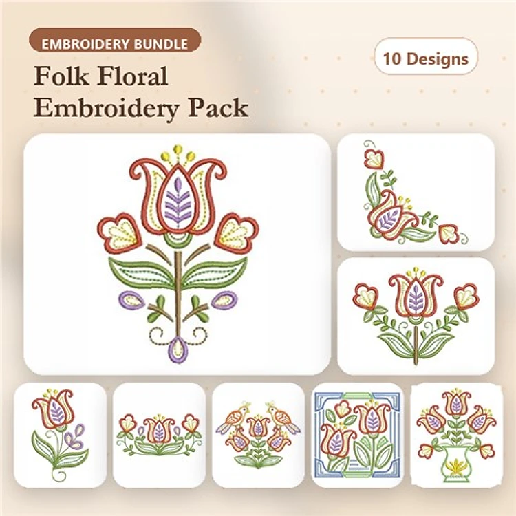 Folk Floral Embroidery Bundle – Tulip, Bouquet, Decorative Vines & More (10 Designs)