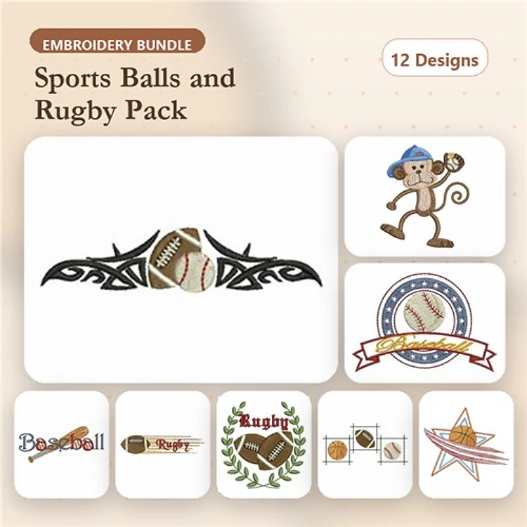 Sports Balls and Rugby Embroidery Bundle – Baseball, Rugby Ball Badge, Monkey with Hat & More (12 Designs)