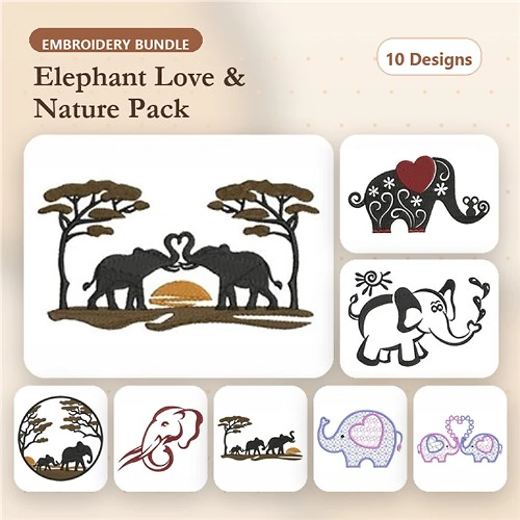 Elephants & Nature Embroidery Designs Bundle – Elephant Silhouette, Happy Elephant, Elephant Family Scene & More (10 Designs)