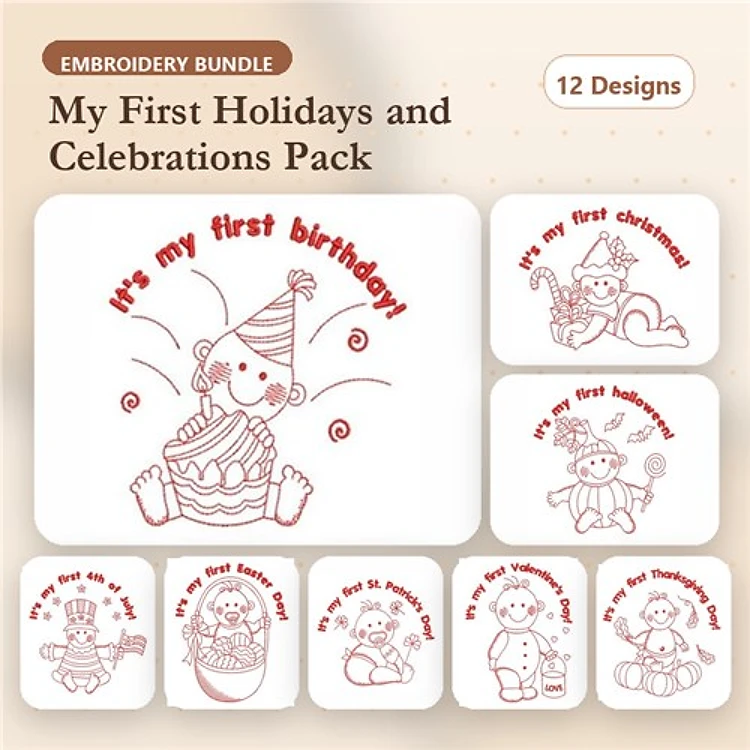 Redwork First Holidays and Celebrations Embroidery Designs Bundle – First Birthday, First Christmas, First Holiday & More (12 Designs)