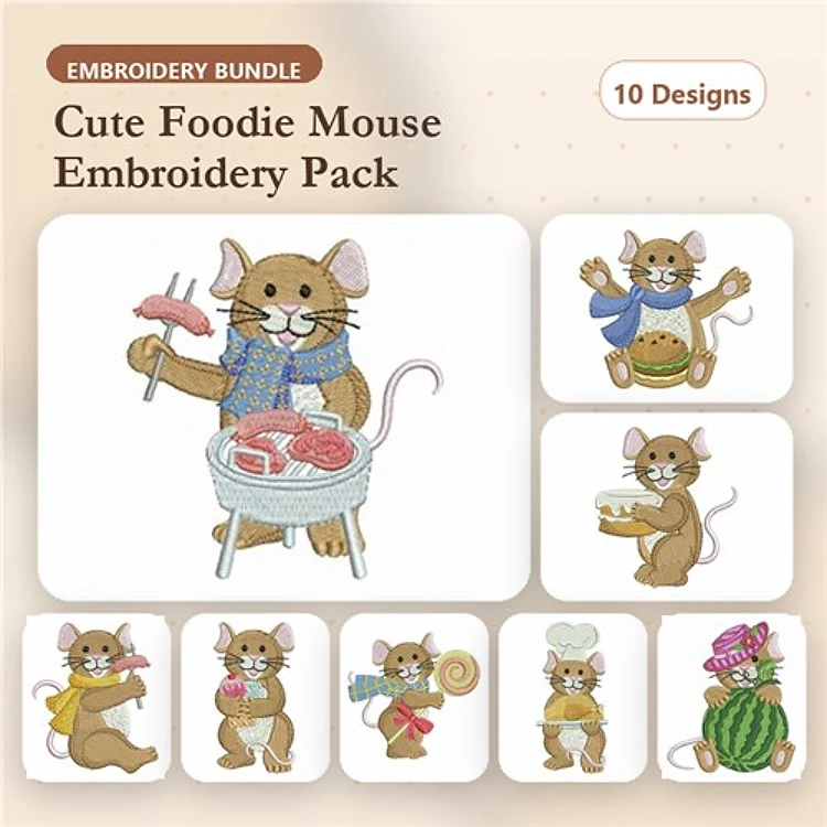 Cute Foodie Mouse Embroidery Bundle – Mouse with Cupcake, Mouse with Pizza, Mouse with Watermelon & More (10 Designs)