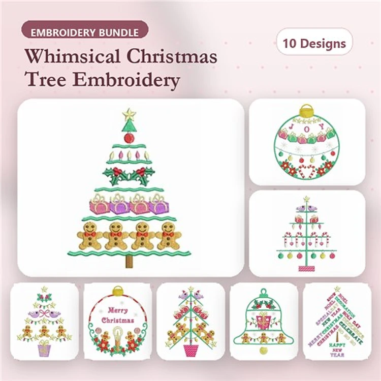 Christmas Tree Embroidery Designs Bundle – Gingerbread Tree, Ornament, Merry Christmas Sign & More (10 Designs)