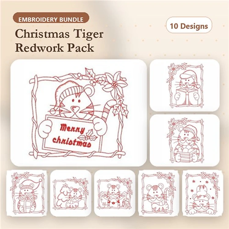 Redwork Christmas Animals Embroidery Designs Bundle – Christmas Tiger, Snowman, Reindeer & More (10 Designs)