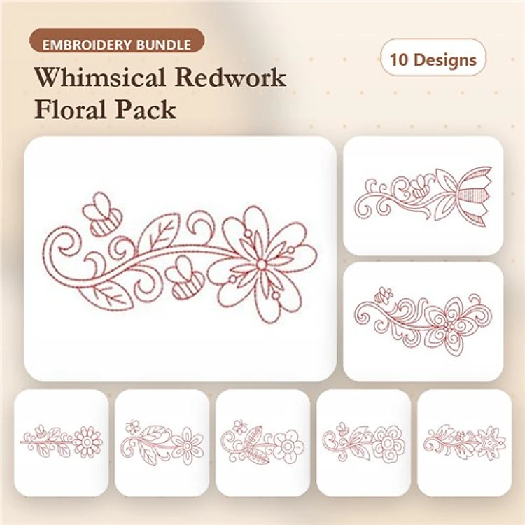 Redwork Floral Embroidery Designs Bundle – Flower with Bees, Floral Vine with Swirls, Bee and Flower & More (10 Designs)