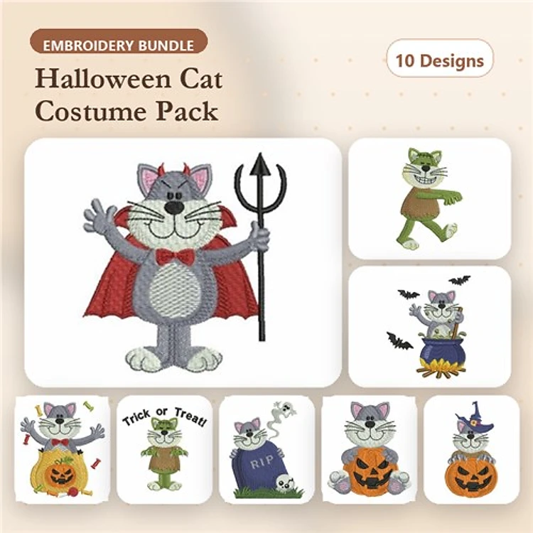 Halloween Cat Embroidery Bundle – Cat with Cape, Zombie Costume, Witch Hat, Trick or Treat & More (10 Designs)