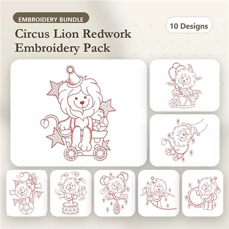 Redwork Circus Lion Embroidery Bundle – Lion on Wagon, Lion with Balloons, Lion Smiling & More (10 Designs)