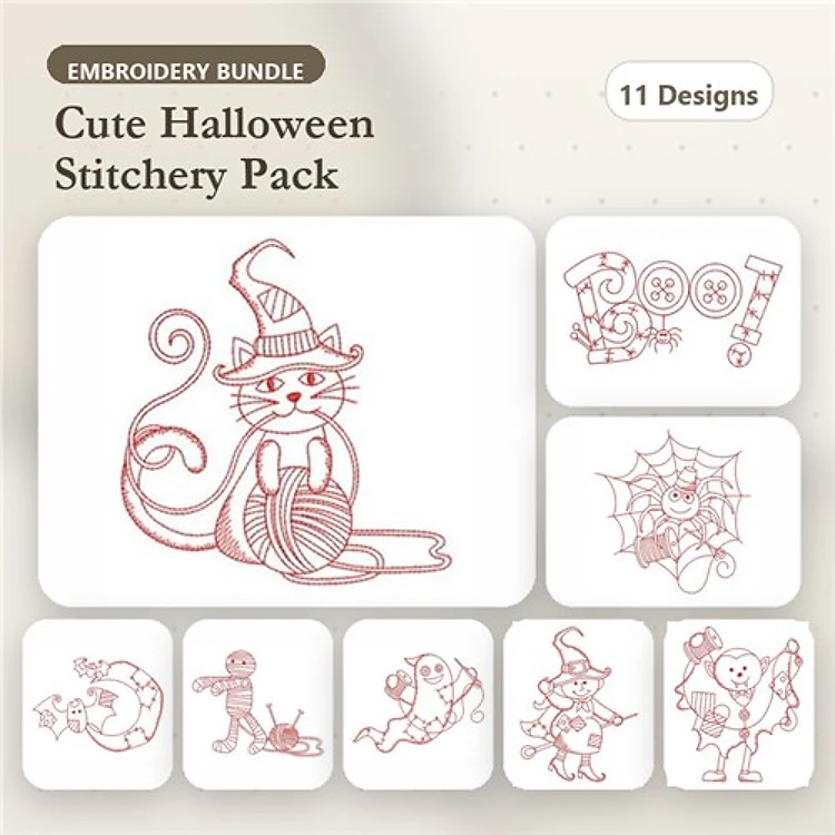 Redwork Cute Halloween Embroidery Designs Bundle – Cat with Yarn, Ghost with Pumpkin, Spider on Web & More (11 Designs)