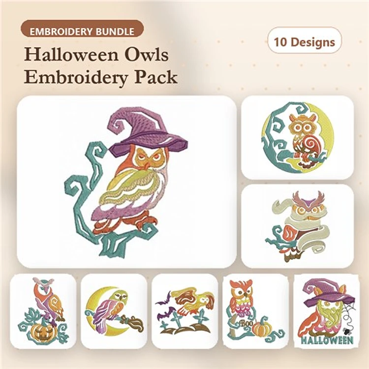 Halloween Owl Embroidery Designs Bundle – Owl with Pumpkin, Owl in Witch Hat, Owl Family & More (10 Designs)