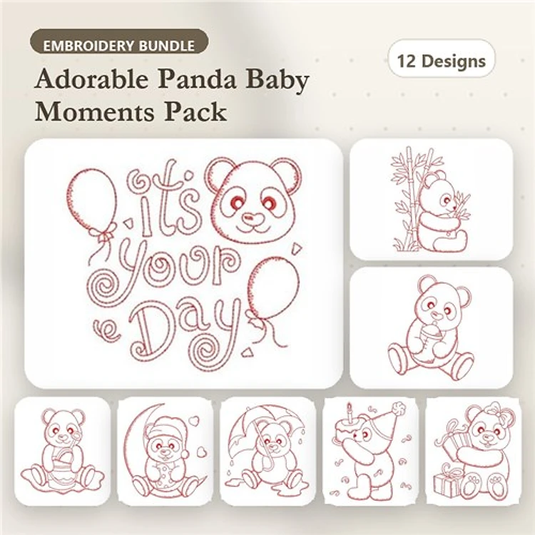 Redwork Panda Baby Moments Embroidery Bundle – It's Your Day, Panda with Balloons, Panda with Bamboo & More (12 Designs)