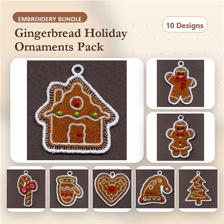 FSL Gingerbread Ornaments Embroidery Bundle – Gingerbread House, Man, Girl & More (10 Designs)