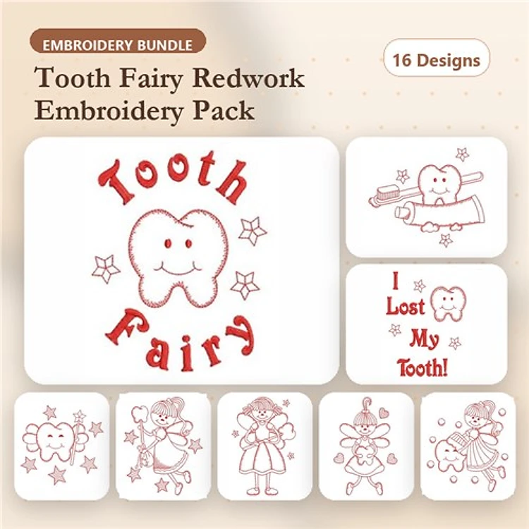 Redwork Tooth Fairy Embroidery Designs Bundle – Tooth Fairy with Wand, Happy Tooth, I Lost My Tooth Text & More (16 Designs)
