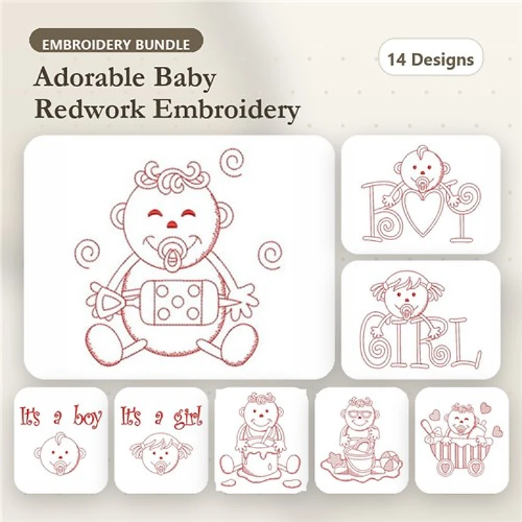 Redwork Adorable Baby Embroidery Bundle – Baby with Bottle, It's a Boy, Baby on a Toy & More (14 Designs)