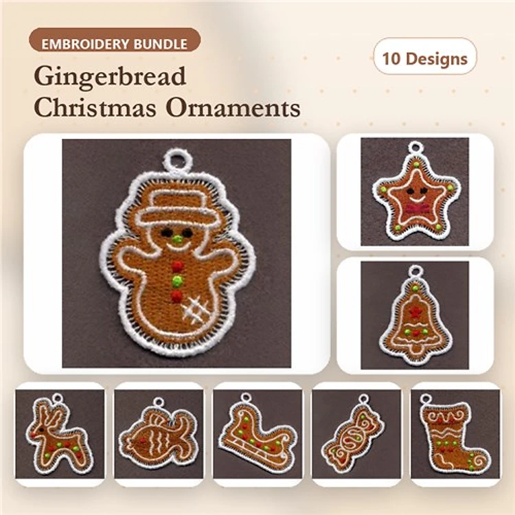 FSL Gingerbread Christmas Ornaments Embroidery Bundle – Gingerbread Man, Snowman, Tree & More (10 Designs)