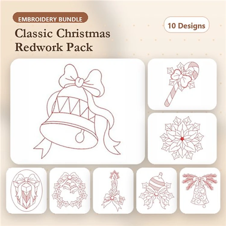 Redwork Classic Christmas Embroidery Designs Bundle – Bell with Ribbon, Candy Cane, Snowflake & More (10 Designs)