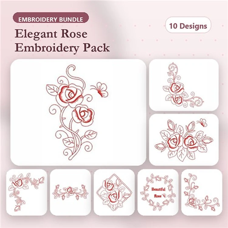 Redwork Elegant Rose Embroidery Bundle – Rose Vine with Bee, Decorative Rose Motif, Rose Bud Ornament & More (10 Designs)