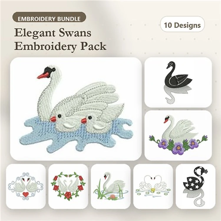 Elegant Swans Embroidery Bundle – Swan Family on Water, Black Swan, Swan with Flowers & More (10 Designs)