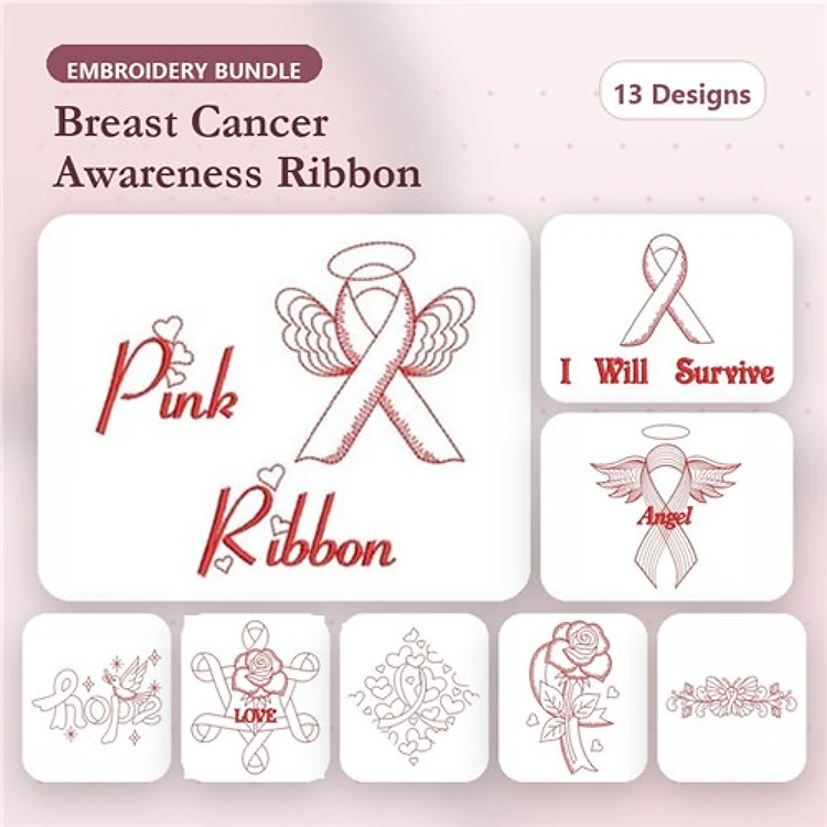 Redwork Breast Cancer Awareness Embroidery Designs Bundle – Pink Ribbon with Wings, I Will Survive Ribbon, Angel with Ribbon & More (13 Designs)
