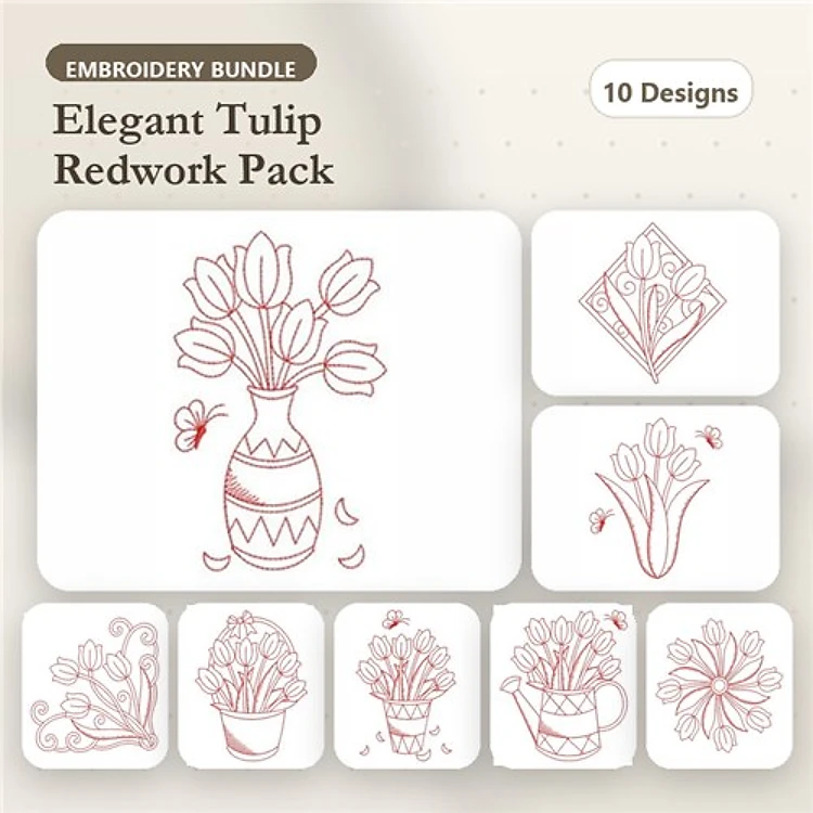 Redwork Tulip Flower Embroidery Bundle – Tulip Bouquet in Vase, Single Tulip on Stem, & More (10 Designs)