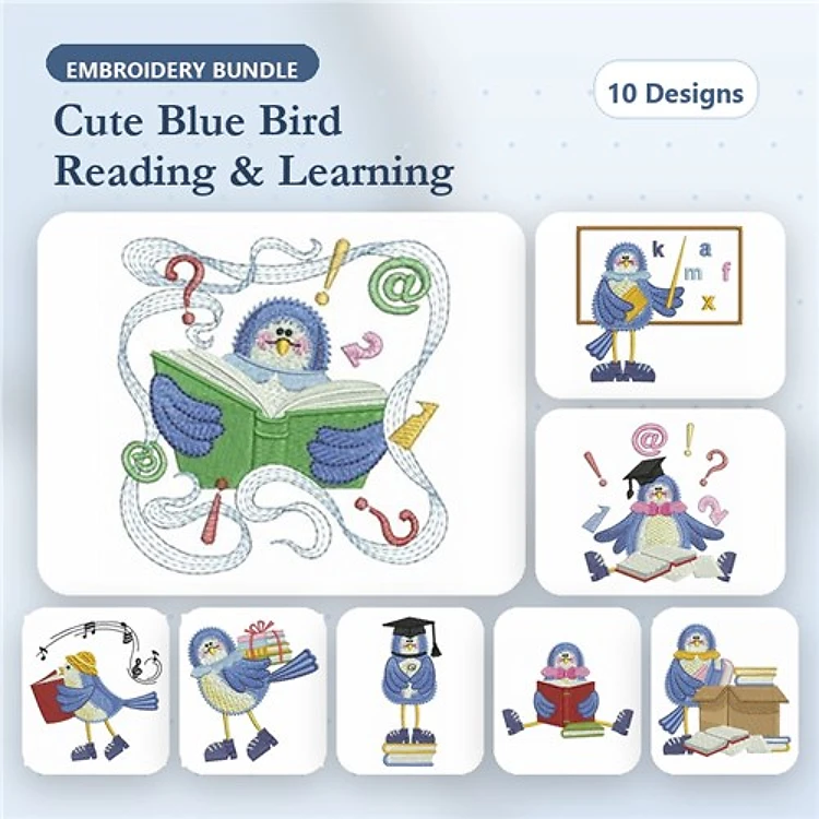 Cute Blue Bird Embroidery Designs Bundle – Reading, Graduation Cap, Pencils & More (10 Designs)