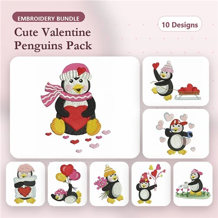 Valentine Penguins Embroidery Designs Bundle – Penguin with Heart, Penguin Holding Flowers, Penguin with Gifts & More (10 Designs)
