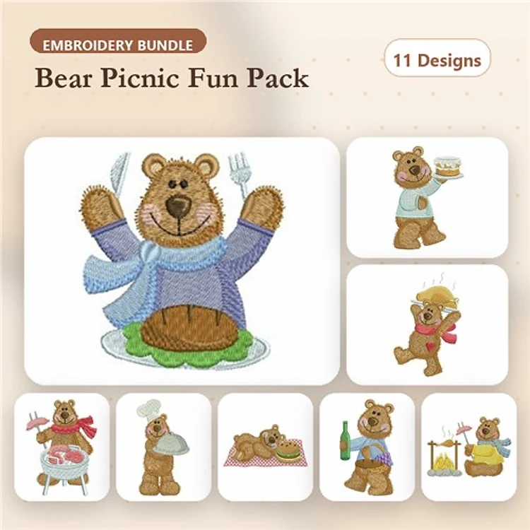 Bears Enjoying a Picnic Embroidery Designs Bundle – Bear Chef with Plate, Bear with Soda Bottle, & More (11 Designs)