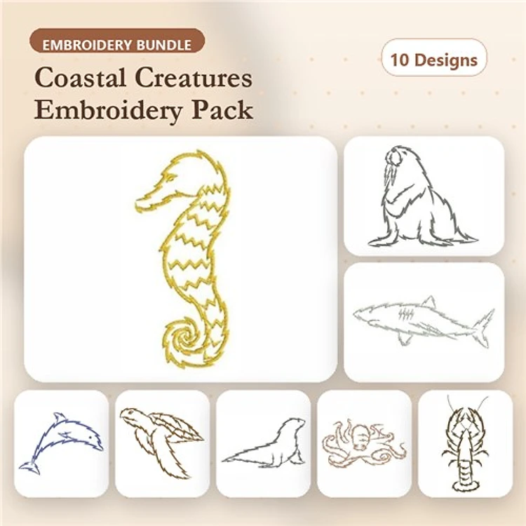 Redwork Coastal Creatures Embroidery Bundle – Seahorse, Walrus, Shark & More (10 Designs)