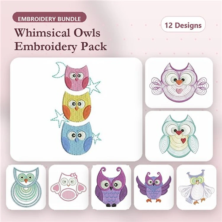 Cute Owl Embroidery Designs Bundle – Stacked Colorful Owls, Heart Owl, Round Owl Face & More (12 Designs)