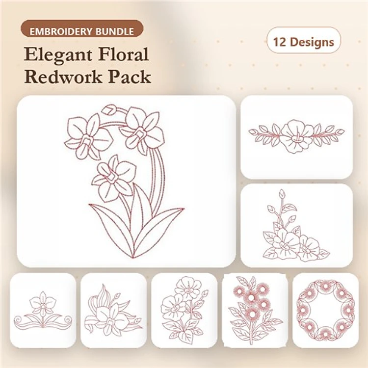 Redwork Elegant Floral Embroidery Designs Bundle – Floral Arrangement with Orchids, Rose Wreath, & More (12 Designs)