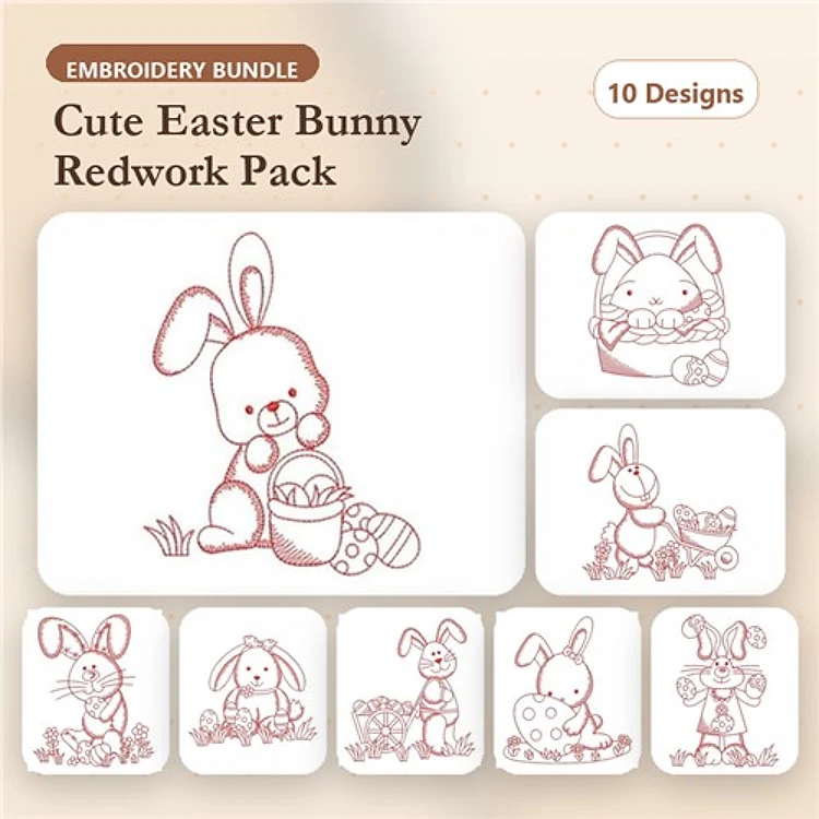 Redwork Cute Easter Bunny Embroidery Designs Bundle – Easter Bunny with Basket, Bunny with Carrot, & More (10 Designs)