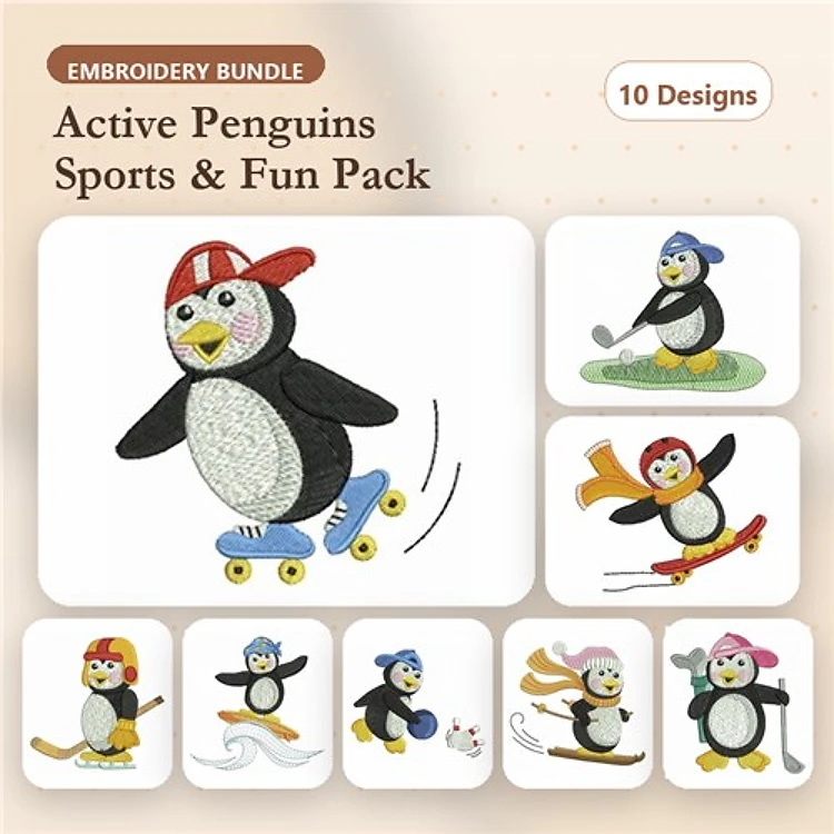 Active Penguins Embroidery Designs Bundle – Penguin on Skates, Penguin Playing Golf, Penguin with Scarf & More (10 Designs)