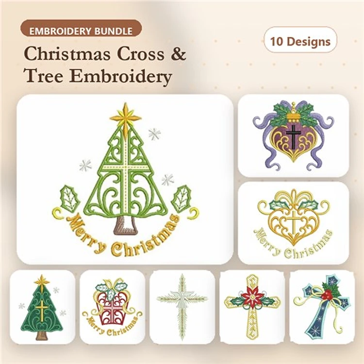 Christmas Tree & Cross Embroidery Bundle – Christmas Tree with Star, Floral Christmas Cross, Festive Holiday Cross & More (10 Designs)