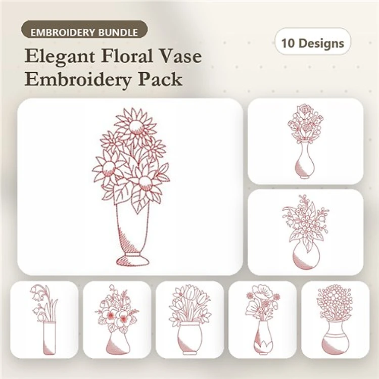 Redwork Floral Vase Embroidery Bundle – Sunflowers, Roses, Tulips & More (10 Designs)