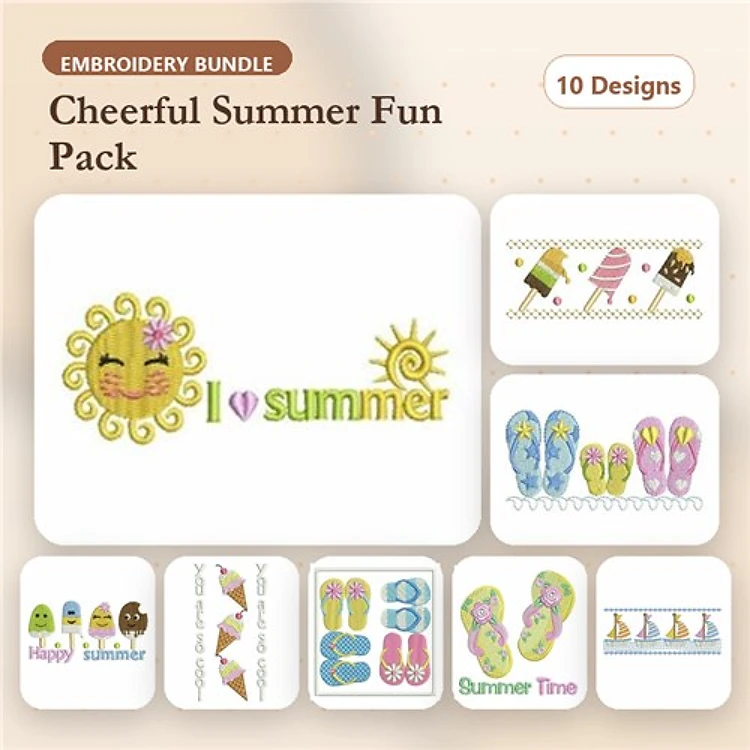 Summer Fun Embroidery Designs Bundle – Smiling Sun, Ice Cream Cones, Flip Flops & More (10 Designs)