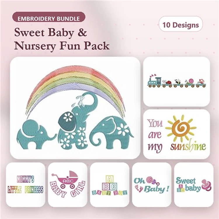 Baby Nursery Embroidery Designs Bundle – Elephants with Rainbow, Train with Animals, You are my sunshine & More (10 Designs)