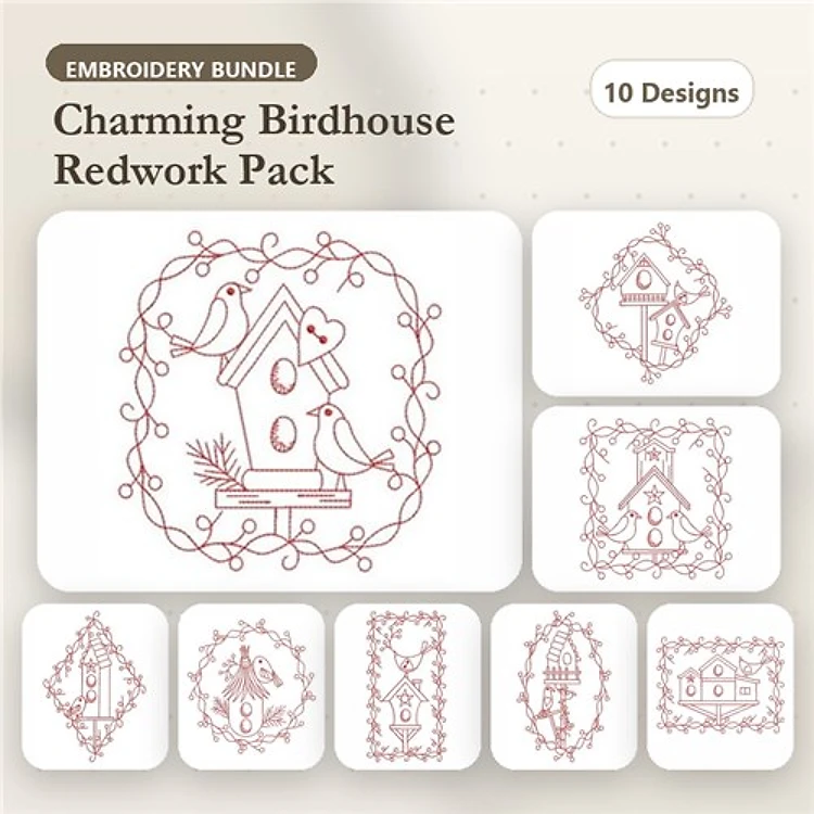 Redwork Charming Birdhouses Embroidery Designs Bundle – Birdhouse with Birds, Floral Birdhouse, Ornate Birdhouse & More (10 Designs)