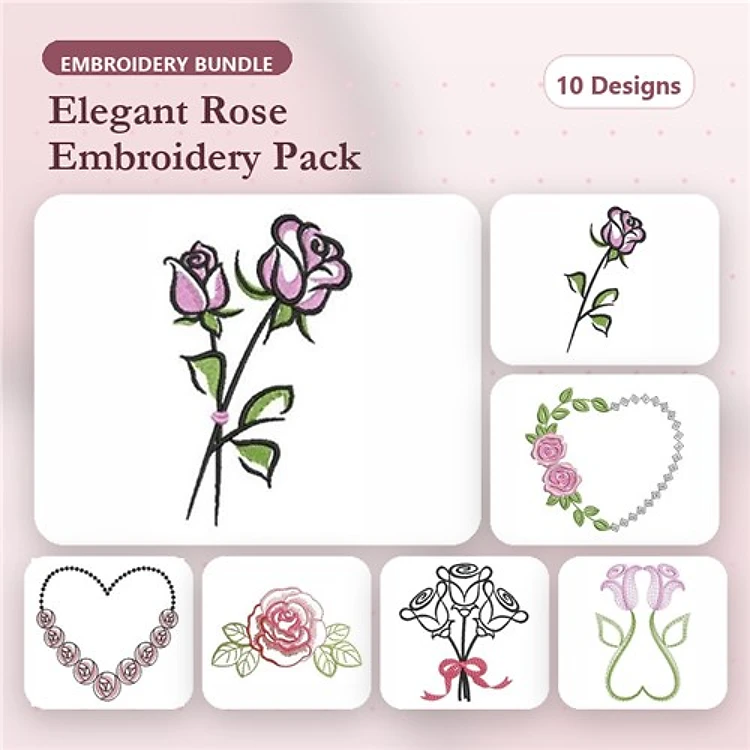 Elegant Rose Embroidery Designs Bundle – Rose Stem with Buds, Full Rose Bouquet, Simple Rose with Leaves & More (10 Designs)