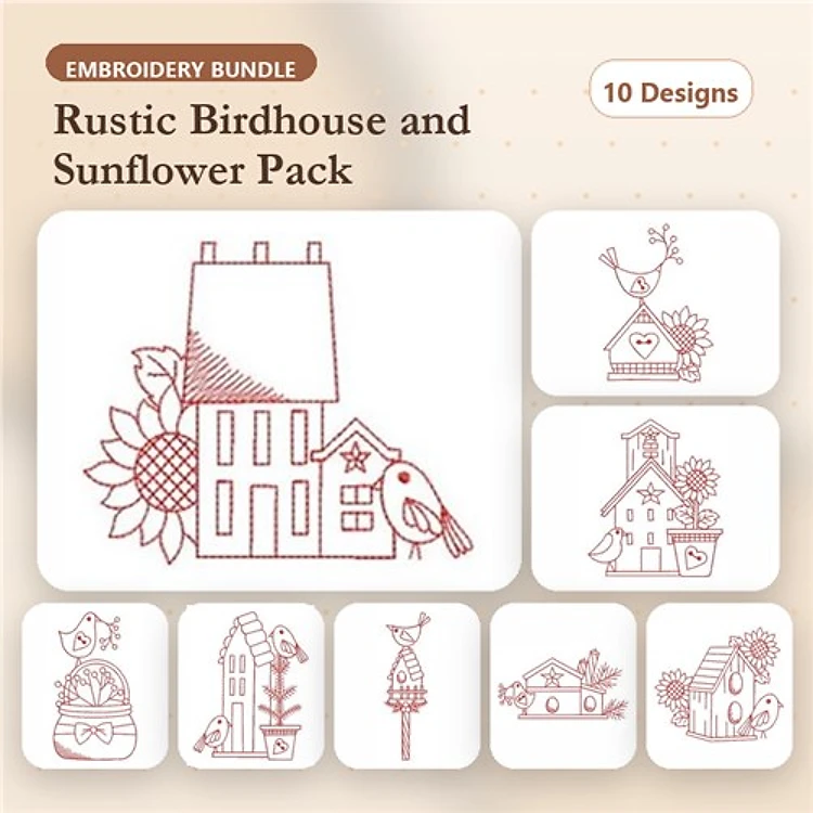 Redwork Birdhouses & Sunflowers Embroidery Designs Bundle – Rustic Birdhouse, Flowerpot with Bird, Hanging Birdhouse & More (10 Designs)