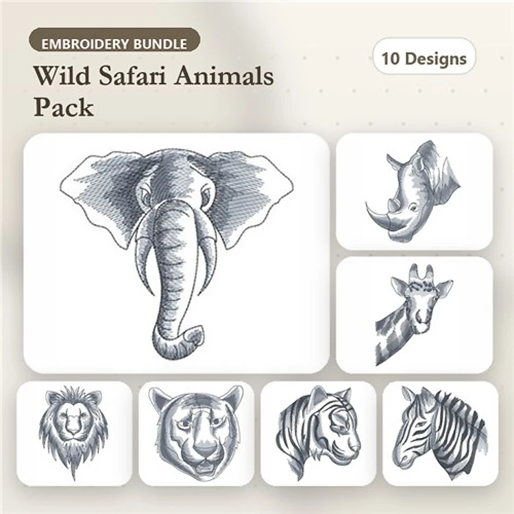 Wild Safari Animals Embroidery Bundle – Elephant, Lion, Tiger, Giraffe & More (10 Designs)