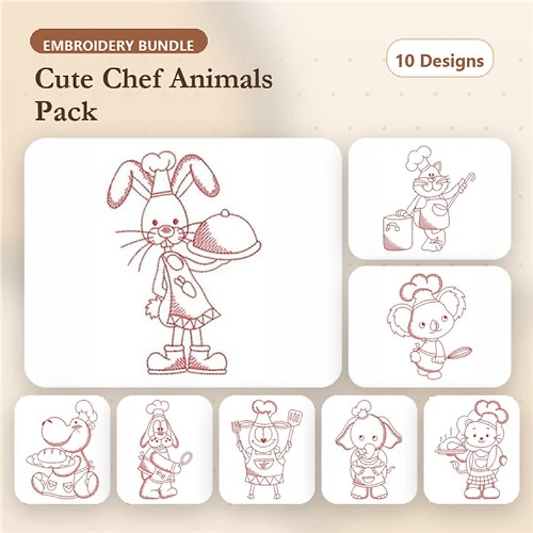 Redwork Cute Chef Animals Embroidery Bundle – Chef Bunny, Chef Dog, Chef Cat & More (10 Designs)