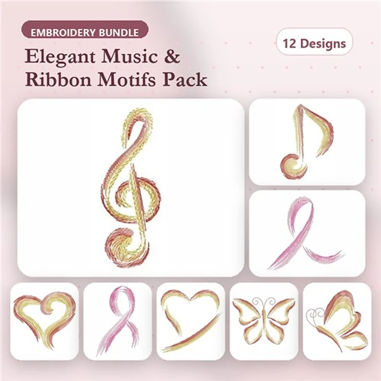 Elegant Music & Ribbon Embroidery Designs Bundle – Treble Clef, Musical Note, Pink Ribbon & More (12 Designs)