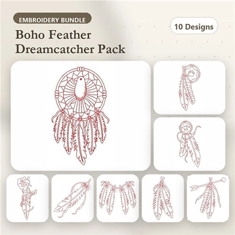 Redwork Boho Feather Dreamcatcher Embroidery Bundle – Dreamcatcher with Feathers, Mini Dreamcatcher & More (10 Designs)