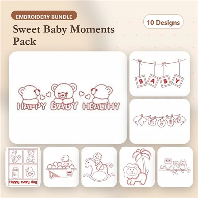 Redwork Baby-Themed Embroidery Designs Bundle – Koala Bears, Baby Bottle, Teddy Bear & More (10 Designs)