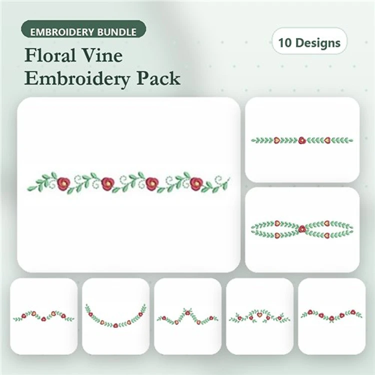 Floral Vine Embroidery Bundle – Red Flowers, Green Leaves, Curved Floral Vine & More (10 Designs)