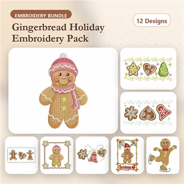 Gingerbread Holiday Embroidery Designs Bundle – Gingerbread Man, Christmas Tree Ornament, Gingerbread House & More (12 Designs)