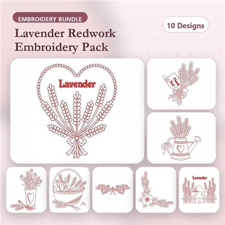 Redwork Lavender Embroidery Designs Bundle – Lavender Heart, Lavender Bouquet, Lavender Pot & More (10 Designs)