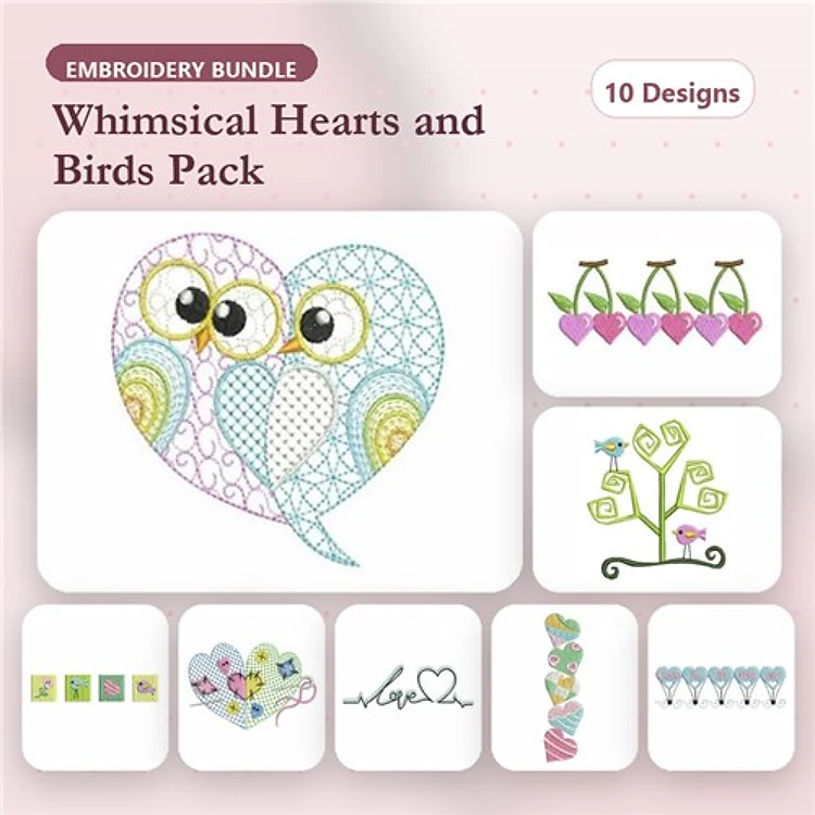 Hearts & Birds Embroidery Designs Bundle – Whimsical Heart with Owls, Bird on Branch & More (10 Designs)